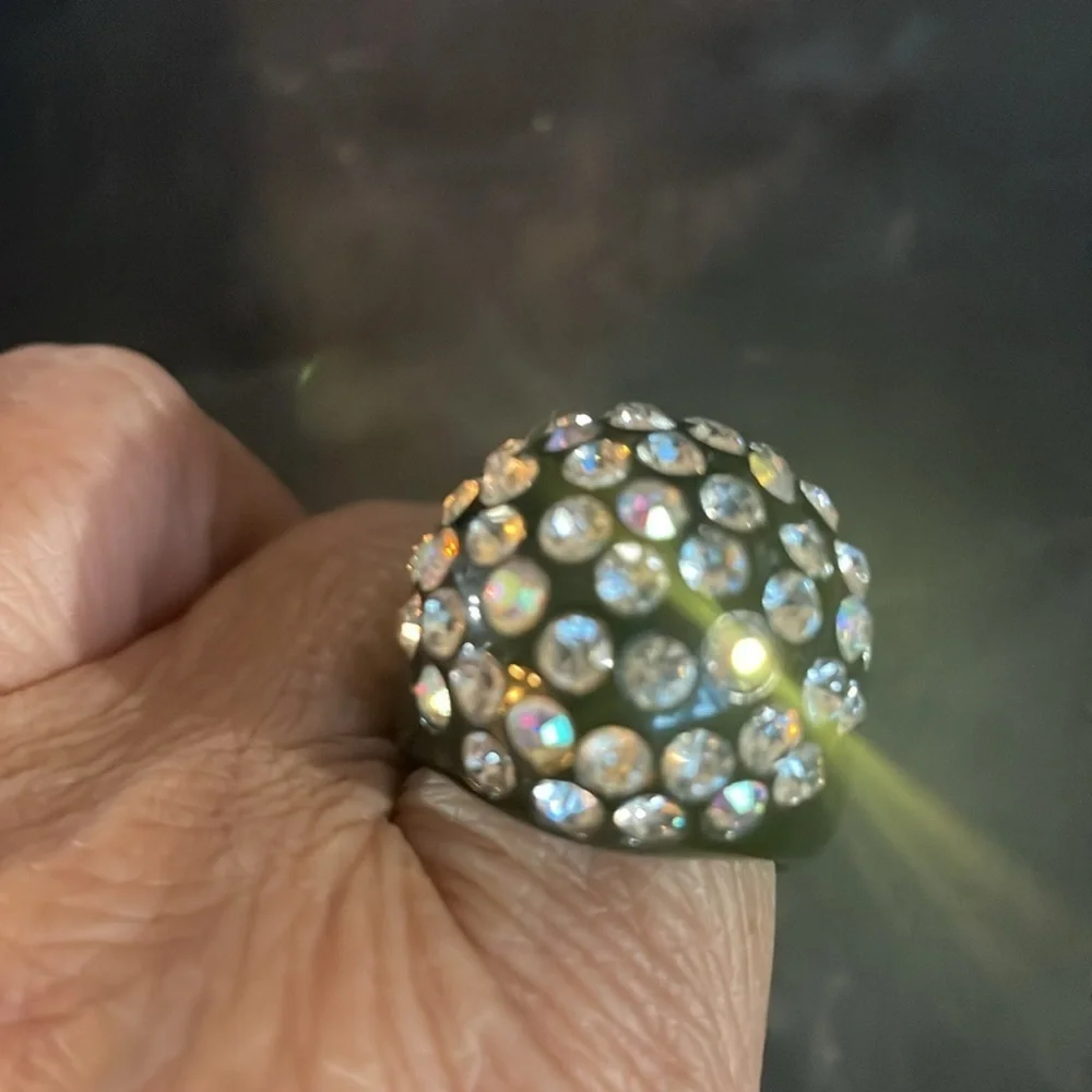 Vintage retro black lucite AB crystal dome ring